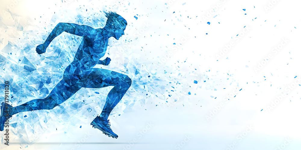 Dynamic silhouette of a runner in blue, conveying speed and energy with an abstract splash background. Dynamic silhouette of a runner in blue, conveying speed and energy with an abstract splash background.