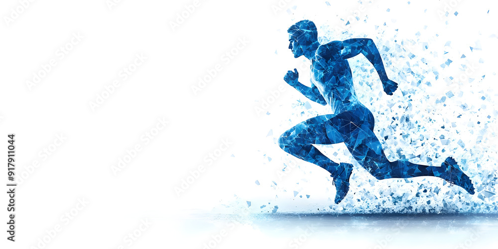 Naklejka premium Dynamic abstract athlete in motion, representing speed, energy, and strength in a modern artistic style with blue particles.
