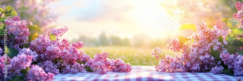 Spring Blooming Lilac Flowers on a Checkered Picnic Blanket - A beautiful image of lilac flowers blooming in the springtime, framing a checkered picnic blanket. The scene is filled with a soft, romant photo