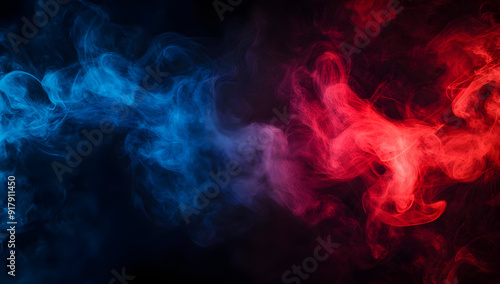 A mesmerizing blend of blue and red smoke swirling against a dark backdrop, creating an illusion of movement and depth.