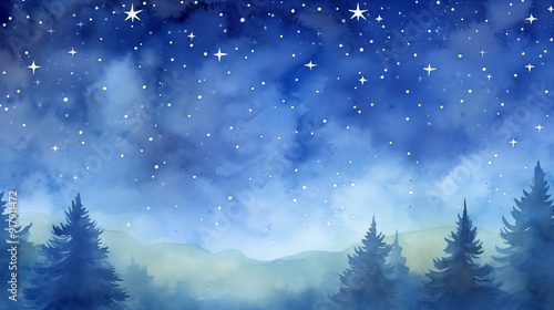 Serene Night Sky Watercolor Holiday Card with Twinkling Stars for Text Space