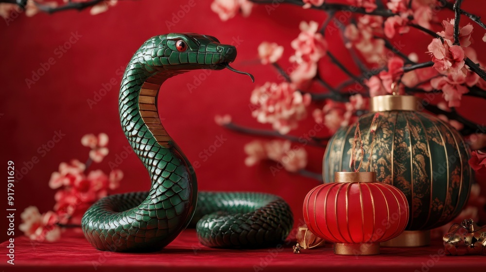 Statue of a snake and Chinese lanterns. Celebration of the Chinese New Year, 2025 year of the Snake Statue of a snake and Chinese lanterns. Celebration of the Chinese New Year, 2025 year of the Snake