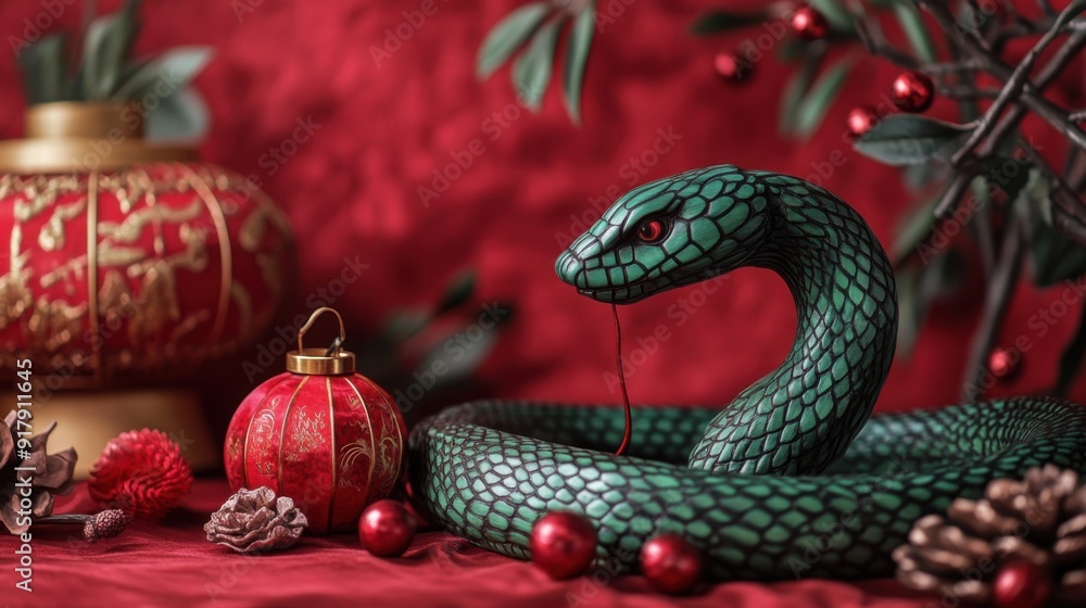 Statue of a snake and Chinese lanterns. Celebration of the Chinese New Year, 2025 year of the Snake Statue of a snake and Chinese lanterns. Celebration of the Chinese New Year, 2025 year of the Snake