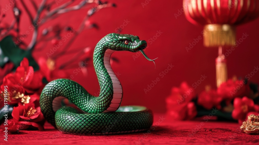 Fototapeta premium Statue of a snake and Chinese lanterns. Celebration of the Chinese New Year, 2025 year of the Snake