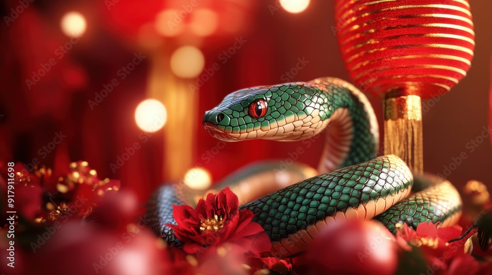 Statue of a snake and Chinese lanterns. Celebration of the Chinese New Year, 2025 year of the Snake Statue of a snake and Chinese lanterns. Celebration of the Chinese New Year, 2025 year of the Snake