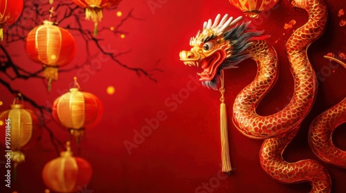 Wallpaper Mural Statue of a snake and Chinese lanterns. Celebration of the Chinese New Year, 2025 year of the Snake Torontodigital.ca