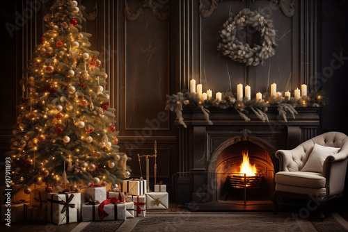 Wallpaper Mural Festive Holiday Atmosphere: Cozy Christmas Home Interior with Decorated Fireplace, Twinkling Fairy Lights, and Towering Christmas Tree Torontodigital.ca