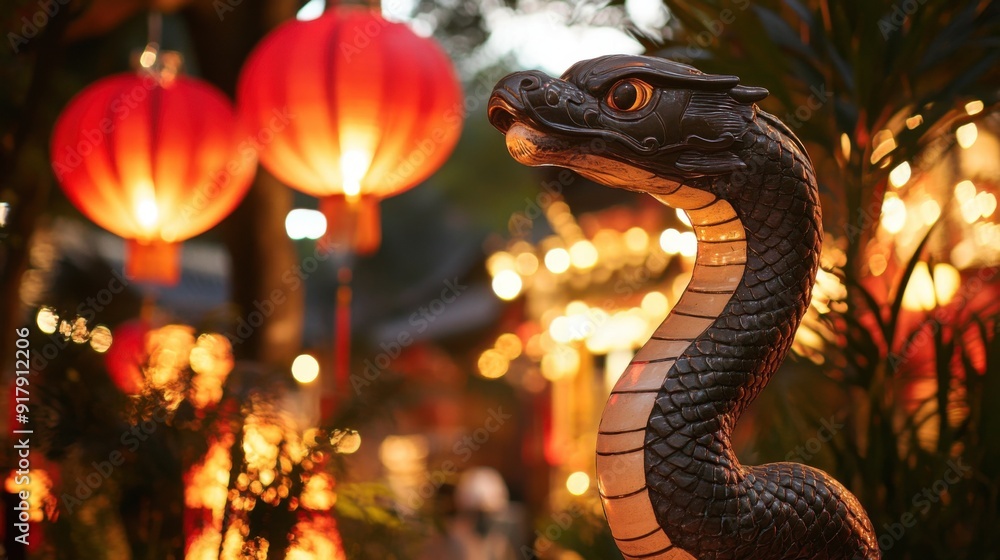 Statue of a snake and Chinese lanterns. Celebration of the Chinese New Year, 2025 year of the Snake Statue of a snake and Chinese lanterns. Celebration of the Chinese New Year, 2025 year of the Snake