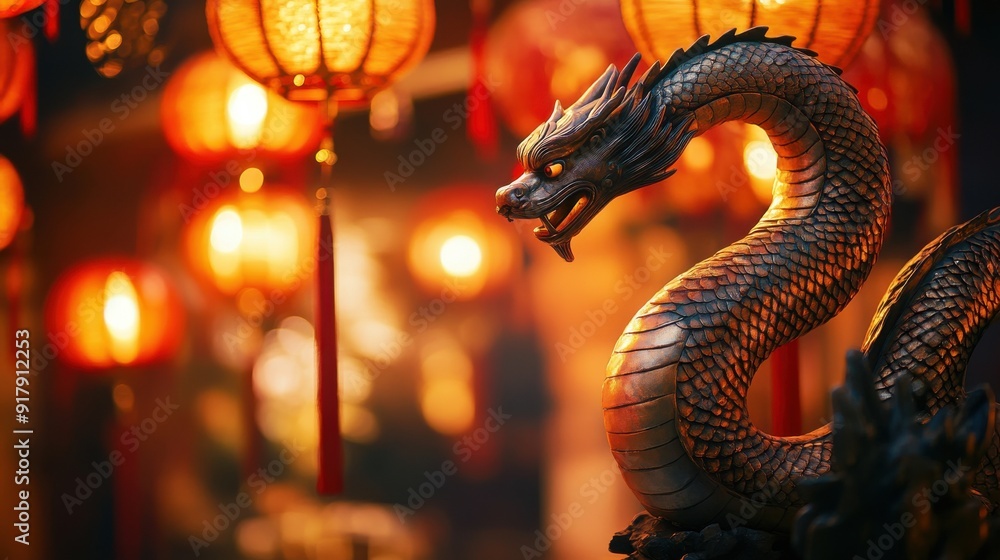 Statue of a snake and Chinese lanterns. Celebration of the Chinese New Year, 2025 year of the Snake Statue of a snake and Chinese lanterns. Celebration of the Chinese New Year, 2025 year of the Snake