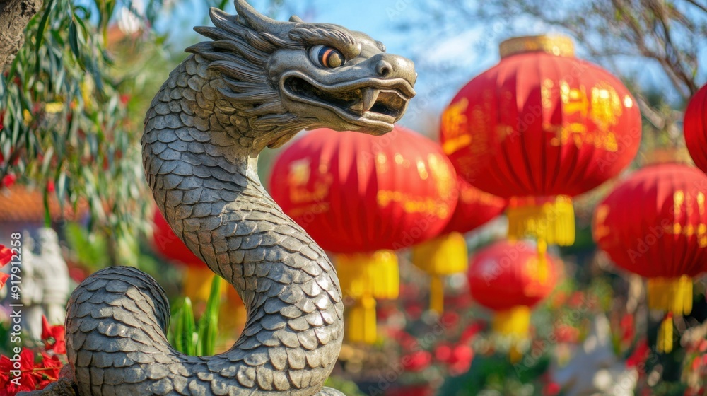 Fototapeta premium Statue of a snake and Chinese lanterns. Celebration of the Chinese New Year, 2025 year of the Snake