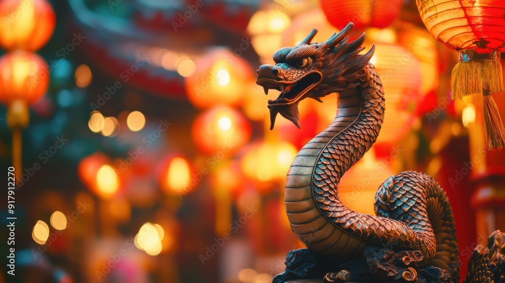 Fototapeta premium Statue of a snake and Chinese lanterns. Celebration of the Chinese New Year, 2025 year of the Snake