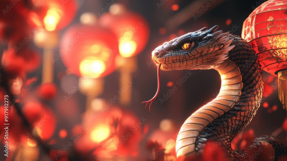 Statue of a snake and Chinese lanterns. Celebration of the Chinese New Year, 2025 year of the Snake Statue of a snake and Chinese lanterns. Celebration of the Chinese New Year, 2025 year of the Snake