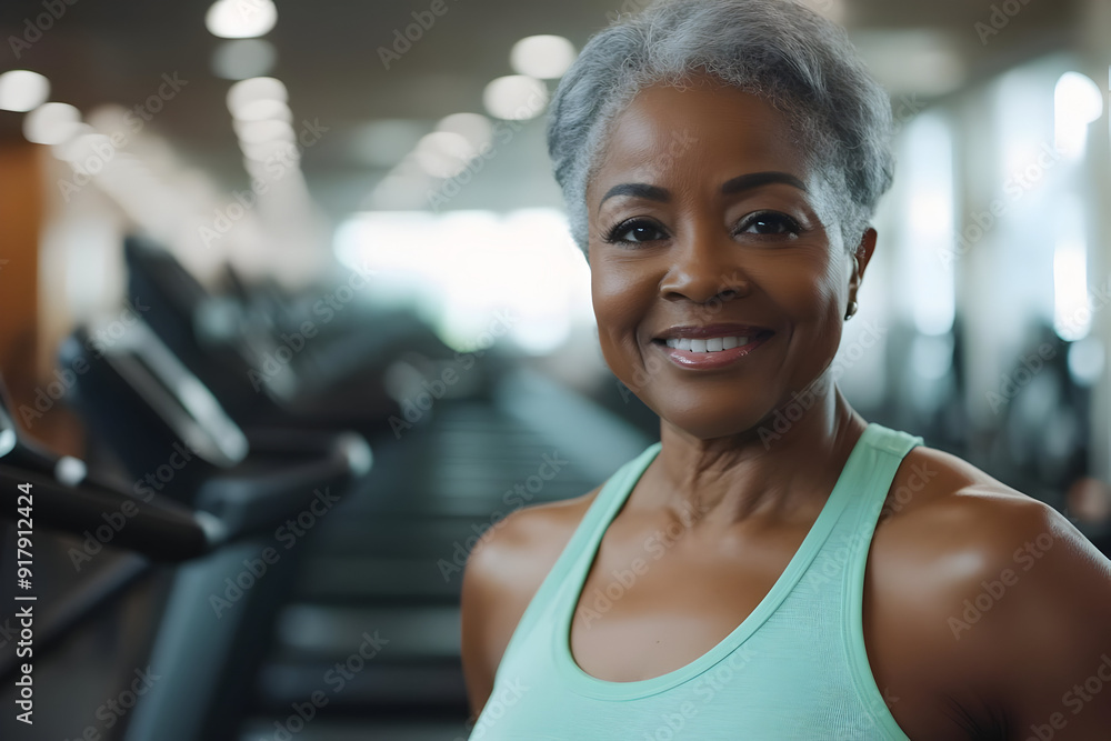 Cheerful senior woman in gym attire smiling confidently at the camera, showcasing fitness and vitality in a modern gym environment. Cheerful senior woman in gym attire smiling confidently at the camera, showcasing fitness and vitality in a modern gym environment.