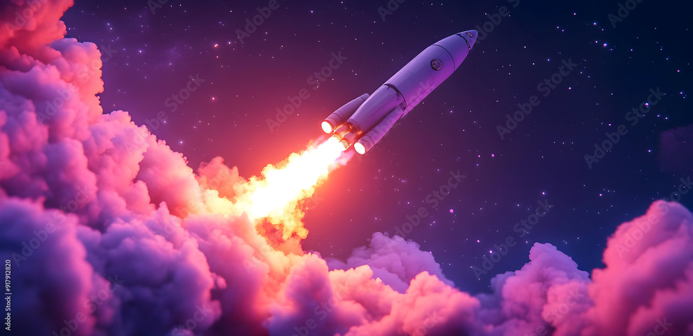 Naklejka premium A stunning rocket soaring through vibrant clouds, showcasing the beauty of space exploration and technological advancement.