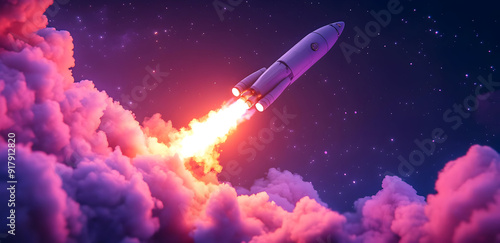 Fototapeta Naklejka Na Ścianę i Meble -  A stunning rocket soaring through vibrant clouds, showcasing the beauty of space exploration and technological advancement.