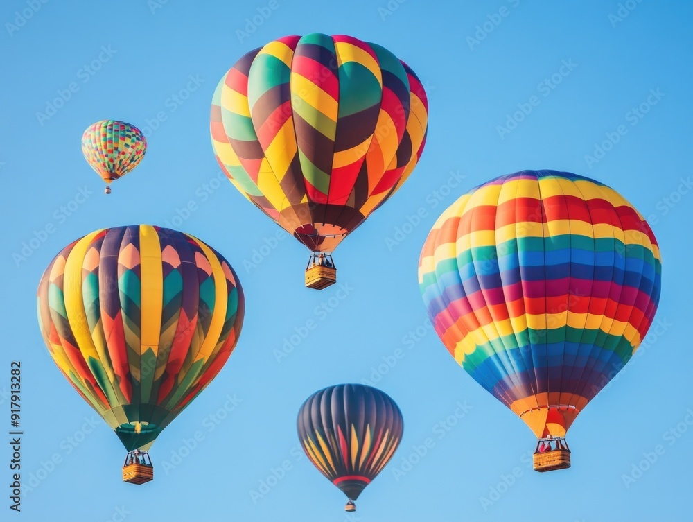Vibrant Hot Air Balloons Soaring in Clear Blue Sky - Colorful Adventure in the Skies Vibrant Hot Air Balloons Soaring in Clear Blue Sky - Colorful Adventure in the Skies