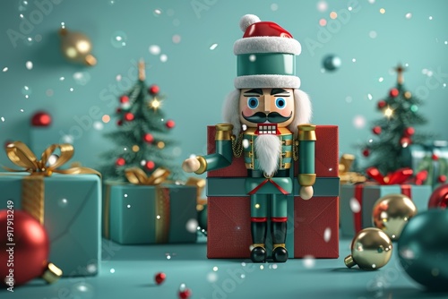 Nutcracker with Christmas tree in big Christmas gift box, 3d illustration, Generative AI 