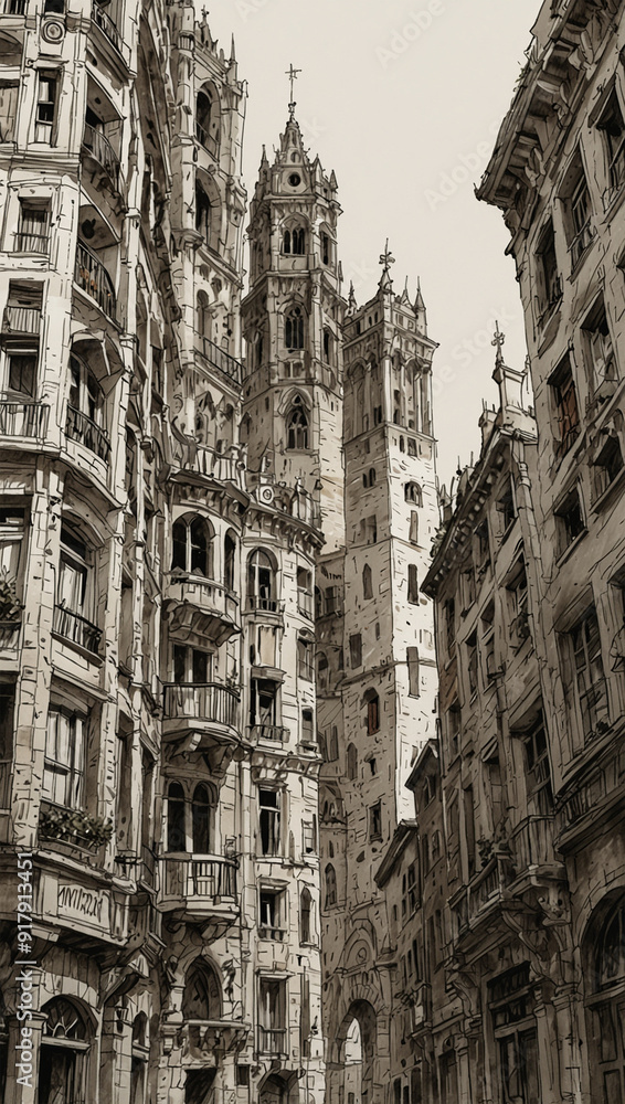 Obraz premium towering city buildings anime style, AI generated illustration 26