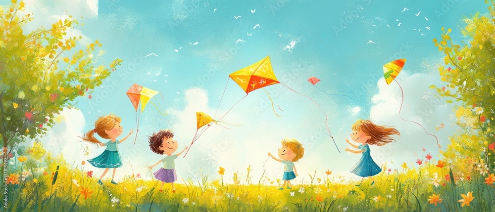 Happy Kids Flying Kites in a Sunny Park - Childhood Joy and Playful Moments Outdoors Happy Kids Flying Kites in a Sunny Park - Childhood Joy and Playful Moments Outdoors