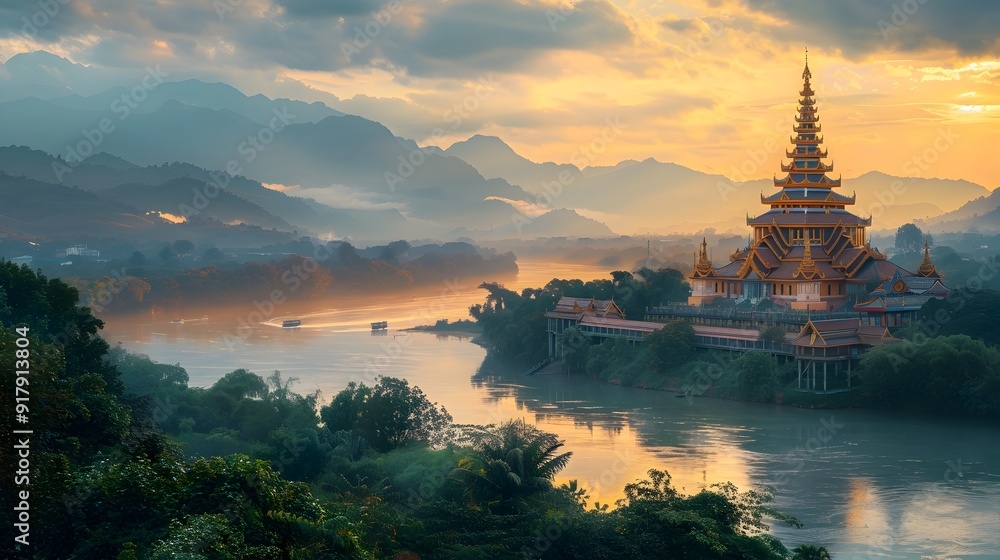 Majestic Golden Triangle Sunset Tranquil Lakeside Pagoda Reflecting the Converging Landscapes of Thailand Laos and Myanmar