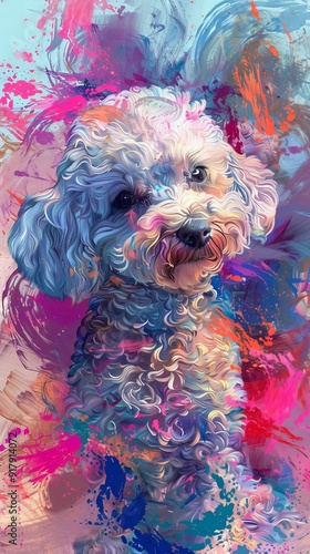 Abstract colorful digital painted of mini poodle dog on vibrant background photo