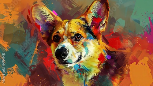 Abstract colorful digital painted of corgi dog on vibrant background photo