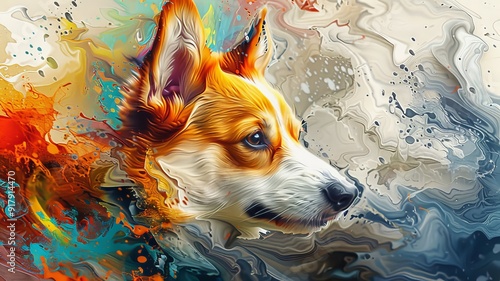 Abstract colorful digital painted of corgi dog on vibrant background photo