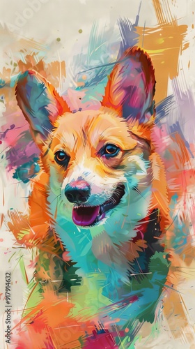 Abstract colorful digital painted of corgi dog on vibrant background photo