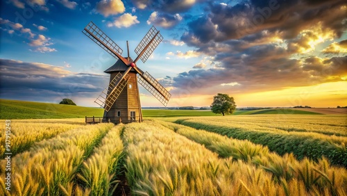 Rustic windmill stands tall amidst lush green fields and golden wheat, symbolizing traditional farming practices and sustainable energy in a serene rural landscape.