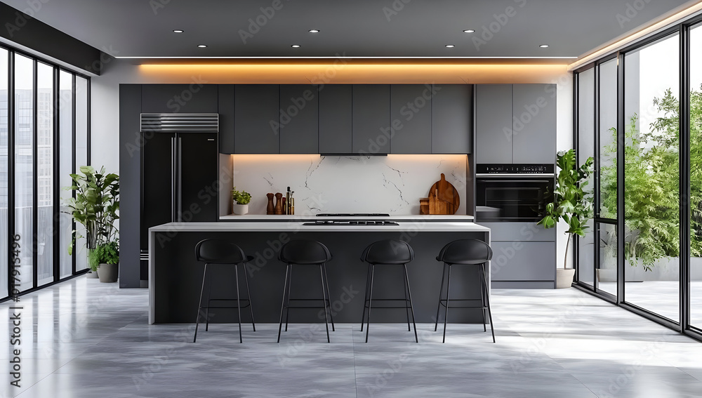 Modern kitchen with sleek design, spacious island, and natural light flowing through large windows, creating an inviting atmosphere. Modern kitchen with sleek design, spacious island, and natural light flowing through large windows, creating an inviting atmosphere.