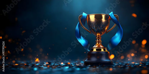 A gleaming trophy adorned with blue ribbons, symbolizing victory and achievement. Perfect for celebrating success.
