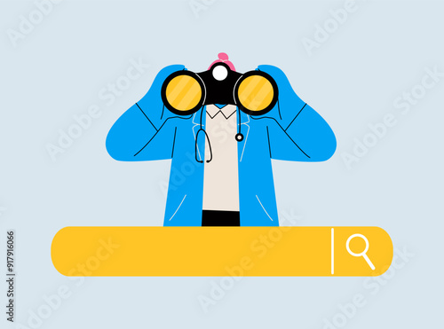 Female doctor looks through a binoculars on a search. Searching, finding, web surfing, looking for opportunities concept. Colored flat vector illustration