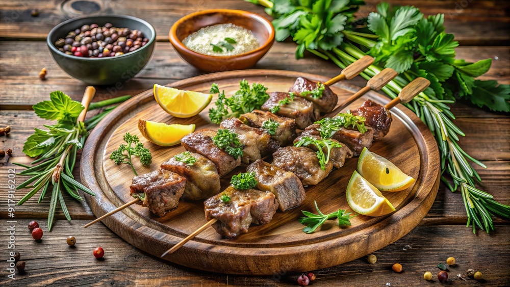 Savory grilled meat skewers sizzle on a rustic wooden platter, surrounded by fresh herbs and lemon wedges, evoking a sense of summer outdoor gatherings.