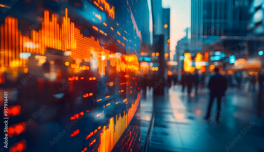 Fototapeta premium Urban setting with glowing stock market data, capturing the essence of financial technology and bustling city life.