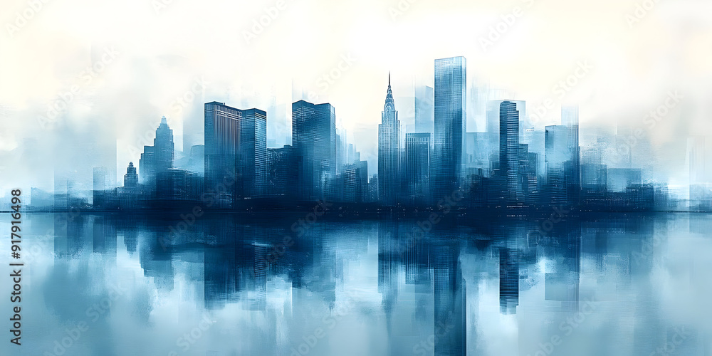 Fototapeta premium A tranquil city skyline silhouette reflecting on water, enveloped in soft blue hues and atmospheric clouds, evoking serenity.