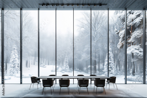 Luxury Meeting room interior with winter forest view, version 1