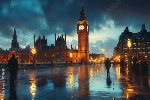 Big Ben and Westminster on a cold winter night with falling snow, London, United Kingdom