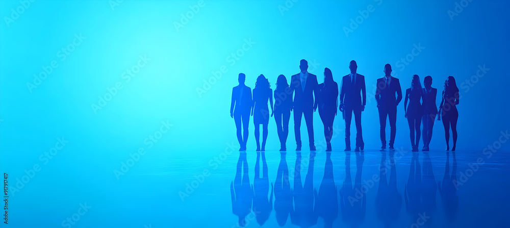Obraz premium Silhouetted figures against a blue fog, symbolizing unity and diversity in a corporate or creative setting.