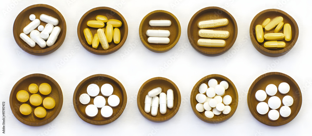 Assorted Food Supplement Pills in Wooden Bowls, Assorted Food Supplement Pills in Wooden Bowls,