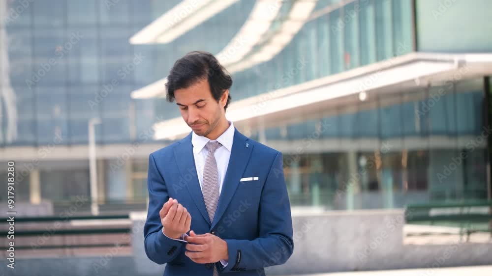 Indian businessman in a suit is walking through office buildings area. Concept of professionalism and formality, as the man is dressed in a suit and tie Indian businessman in a suit is walking through office buildings area. Concept of professionalism and formality, as the man is dressed in a suit and tie