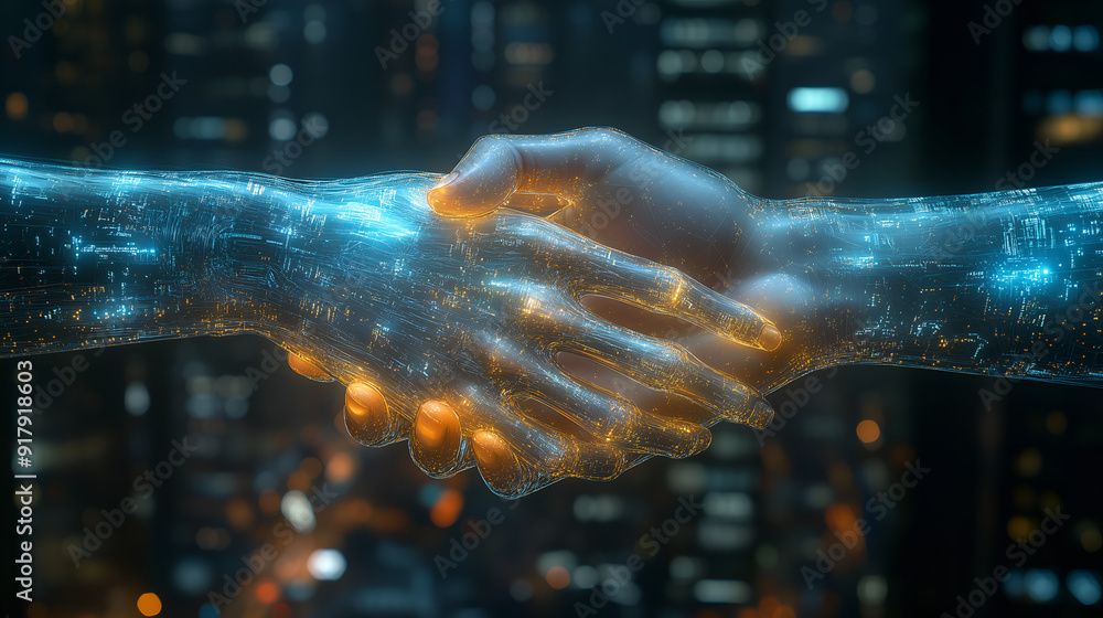 Poignée de mains entre un humain et une intelligence artificielle Poignée de mains entre un humain et une intelligence artificielle