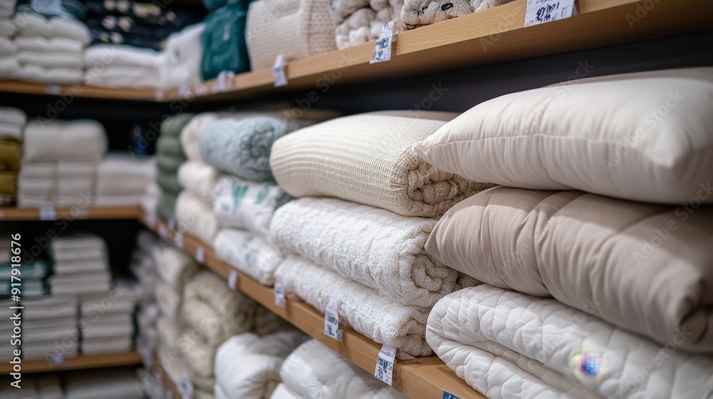 Cozy Home Textiles on Wooden Shelves in Store Cozy Home Textiles on Wooden Shelves in Store