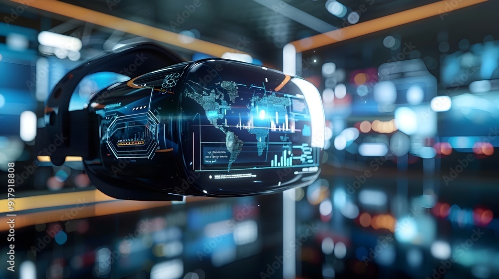Futuristic Virtual Reality Headset Showcasing Productive and Modern Workspace with Interactive Screens and Tools Futuristic Virtual Reality Headset Showcasing Productive and Modern Workspace with Interactive Screens and Tools