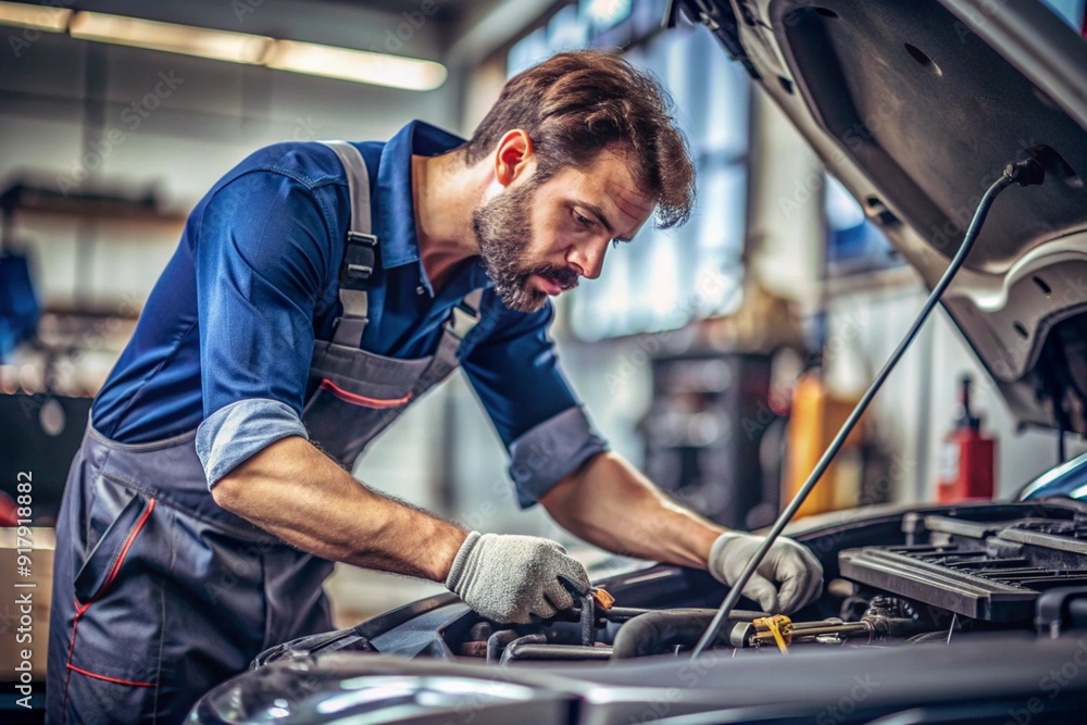 A man is working on a car engine in a garage A man is working on a car engine in a garage
