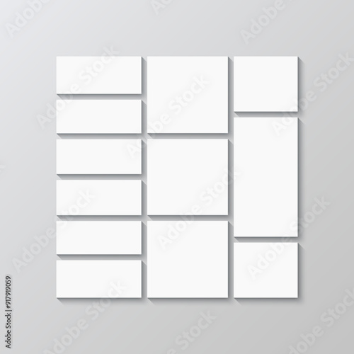 Portfolio images mockup. Gallery banner. Scrapbook brandboard template. Photo collage square layout. Mood board background. Album moodboard grid. Mosaic picture frame. Vector illustration