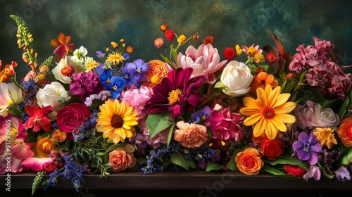 A vibrant floral arrangement featuring a variety of colorful flowers in a lush and artistic display against a dark background.