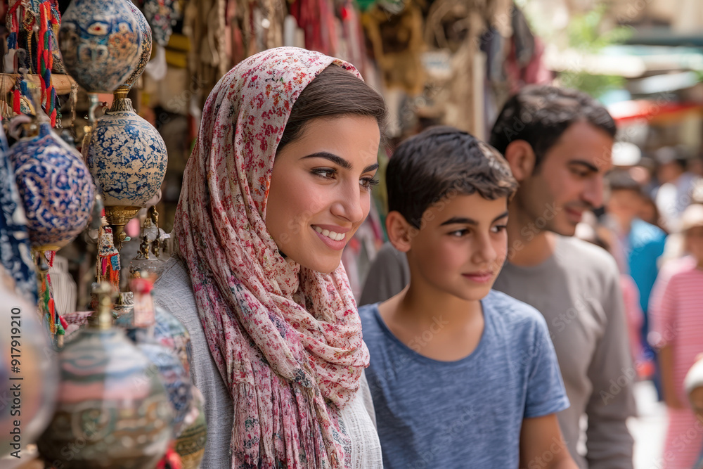 Fototapeta premium Middle Eastern family exploring a traditional market.