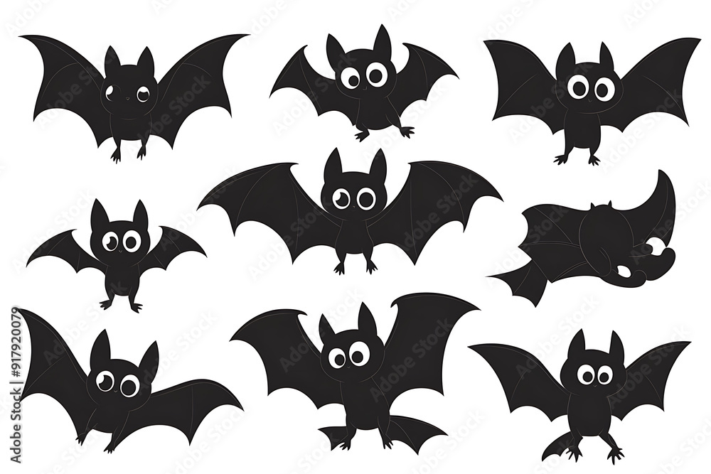 Fototapeta premium Bat in different positions on white background. Black silhouettes of bats.