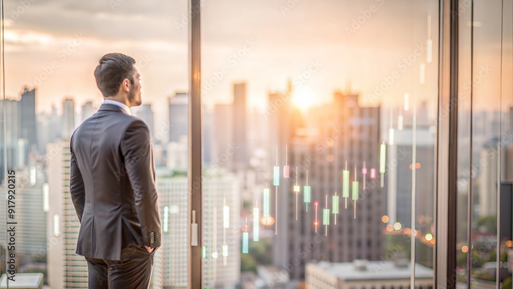 A businessman looking out of a high-rise window at a cityscape with financial charts, symbolizing strategic career and financial planning.
A businessman looking out of a high-rise window at a cityscape with financial charts, symbolizing strategic career and financial planning.