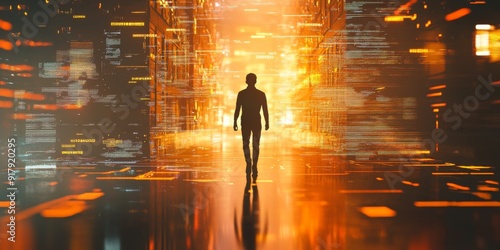 AI-Powered Future: Silhouette Striding Through the Realm of Machine Learning, Natural Language Processing, and Deep Learning, Illuminated by the Warmth of Transformative Technology. photo